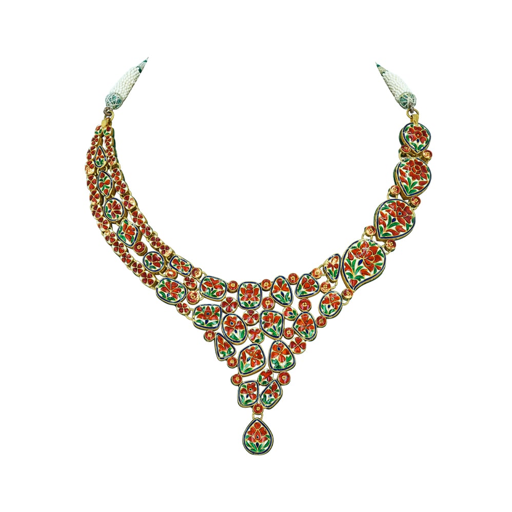 Cascading Polki Necklace with Green Enamel and Teardrop Center